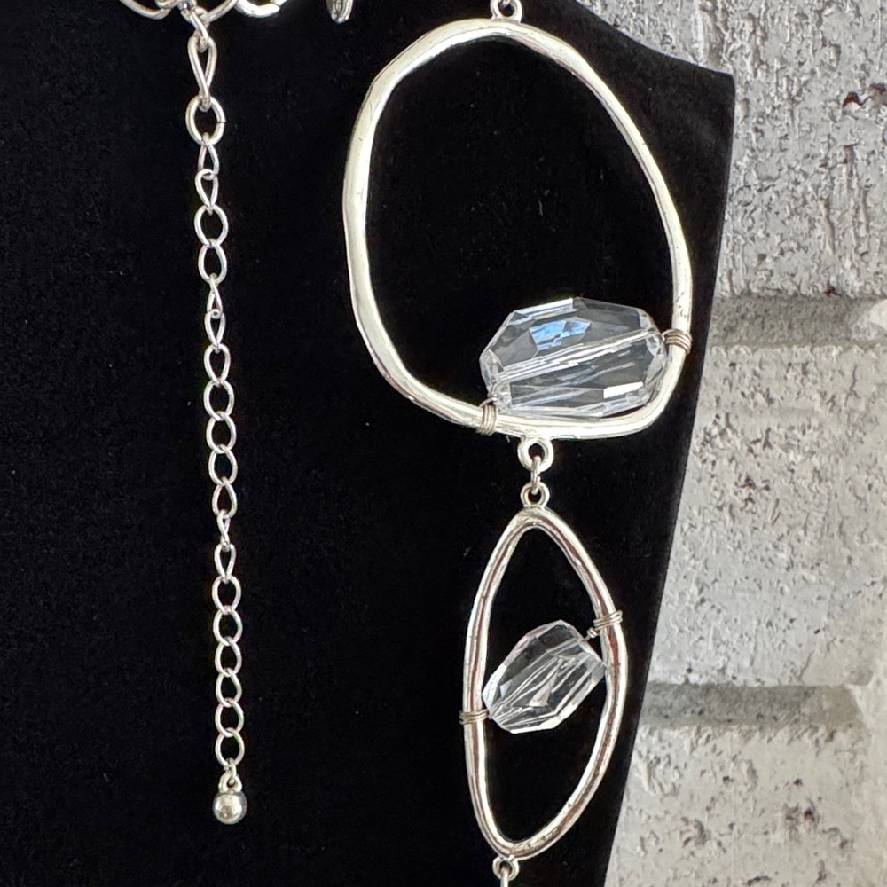 Chico’s Long Statement Silver Chain Necklace with Clear Beads - Picture 5 of 7